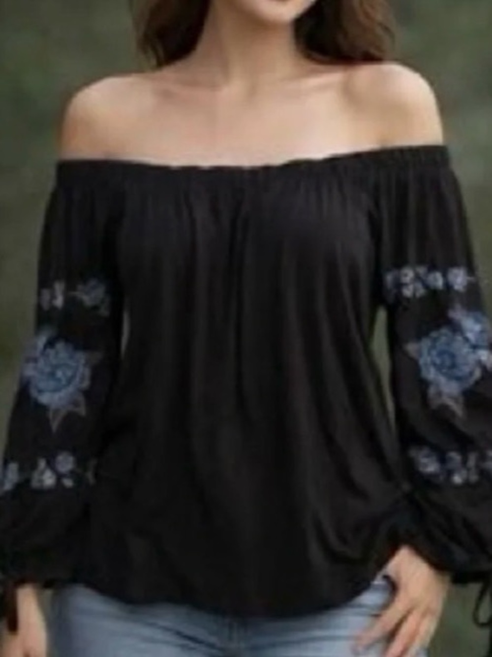 American Eagle Top XS | Black Off-Shoulder Blue Embroidered Boho Tie-Sleeve